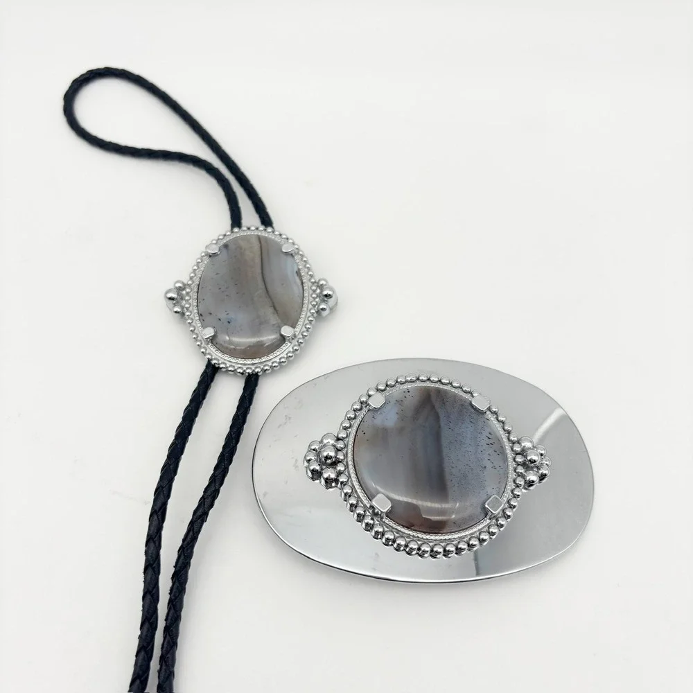 Retro Western Style Gray Agate Bolo Tie & Oval Belt Buckle Set
